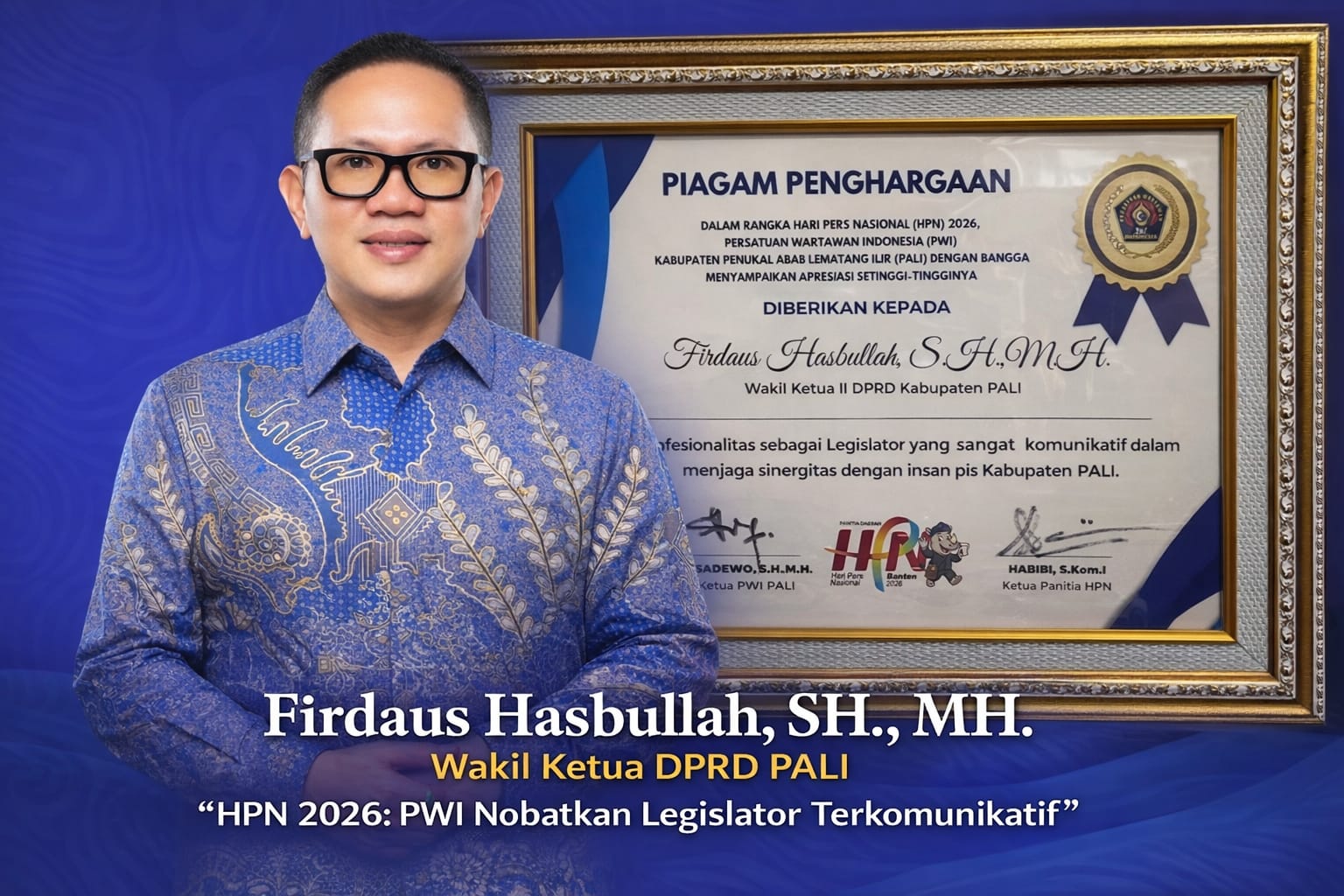 Firdaus Hasbullah Dinobatkan Sebagai Legislator Paling Komunikatif Oleh PWI PALI