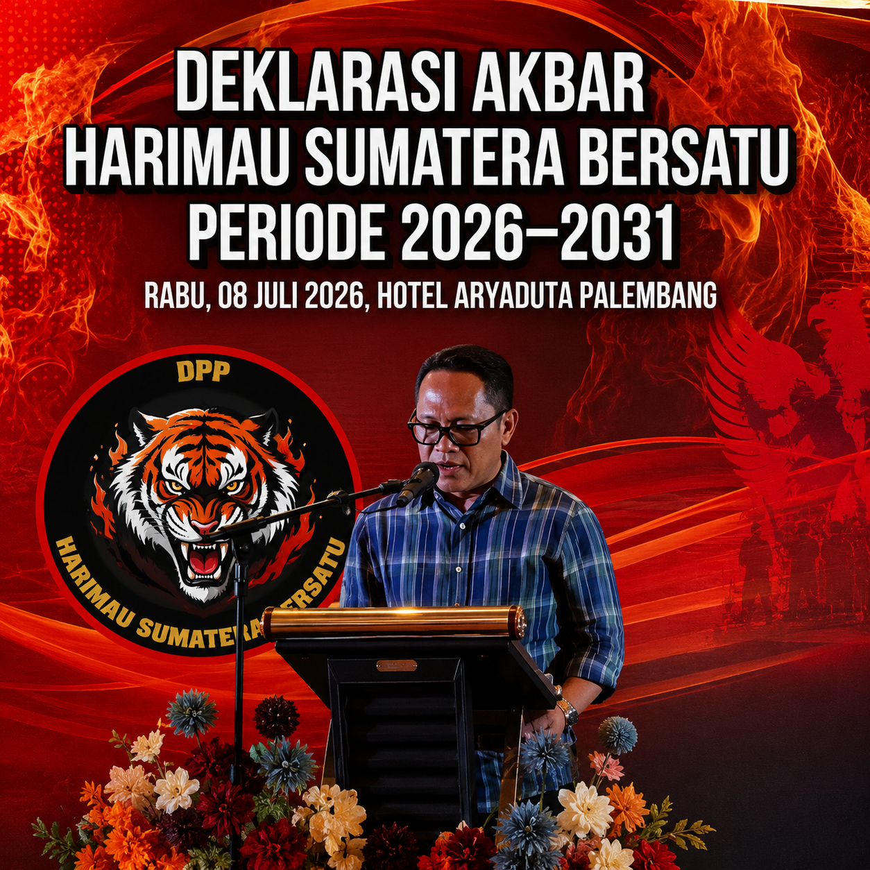 Dewan Pembina Harimau Sumatera, Firdaus Hasbullah, menyampaikan sambutan pada Deklarasi Akbar Harimau Sumatera Bersatu Periode 2026–2031 di Hotel Aryaduta Palembang, Rabu (8/7/2026).